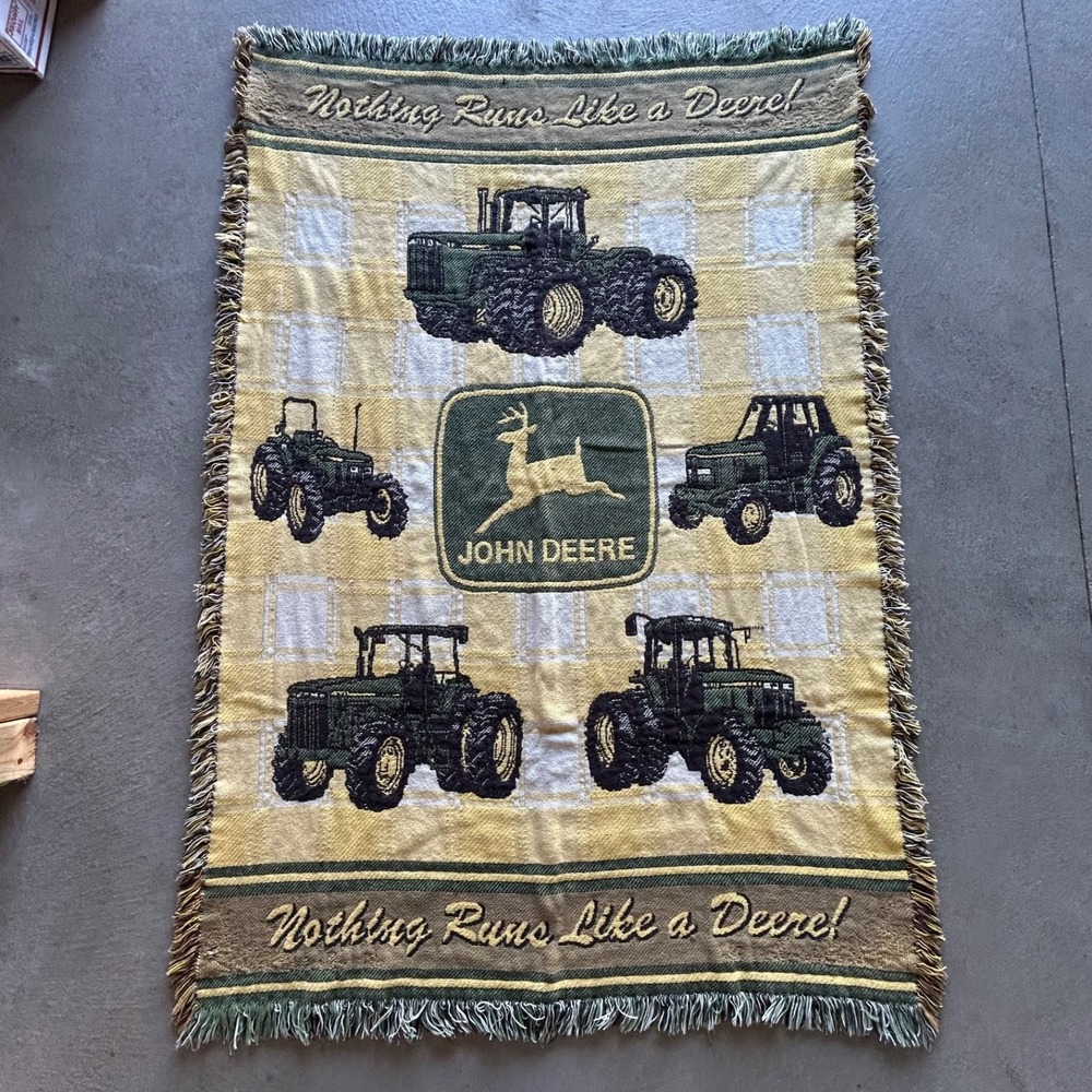 Vintage 90s John Deere Knit Throw Blanket Woven Tapestry Yellow Tractor 46"x 66"